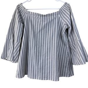 Bobeau Women's Sz: M Black White Striped Blouse 3/4 Bell Sleeve Off Shoulder Top